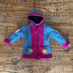 Hooded Knit Wool Jacket with Flower Accents